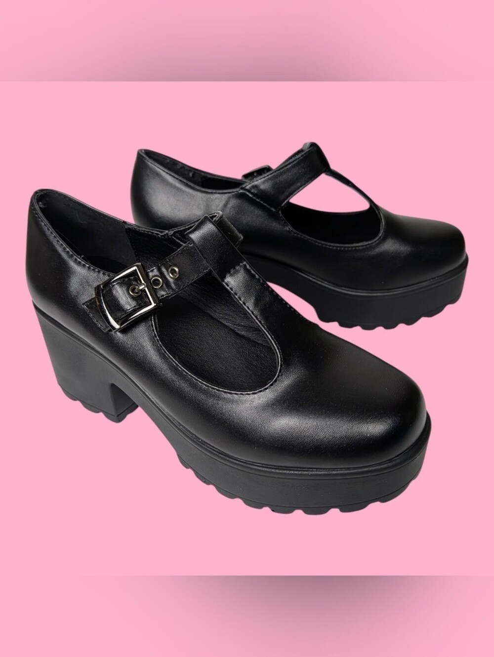 Black Mary Jane T Strap Platforms